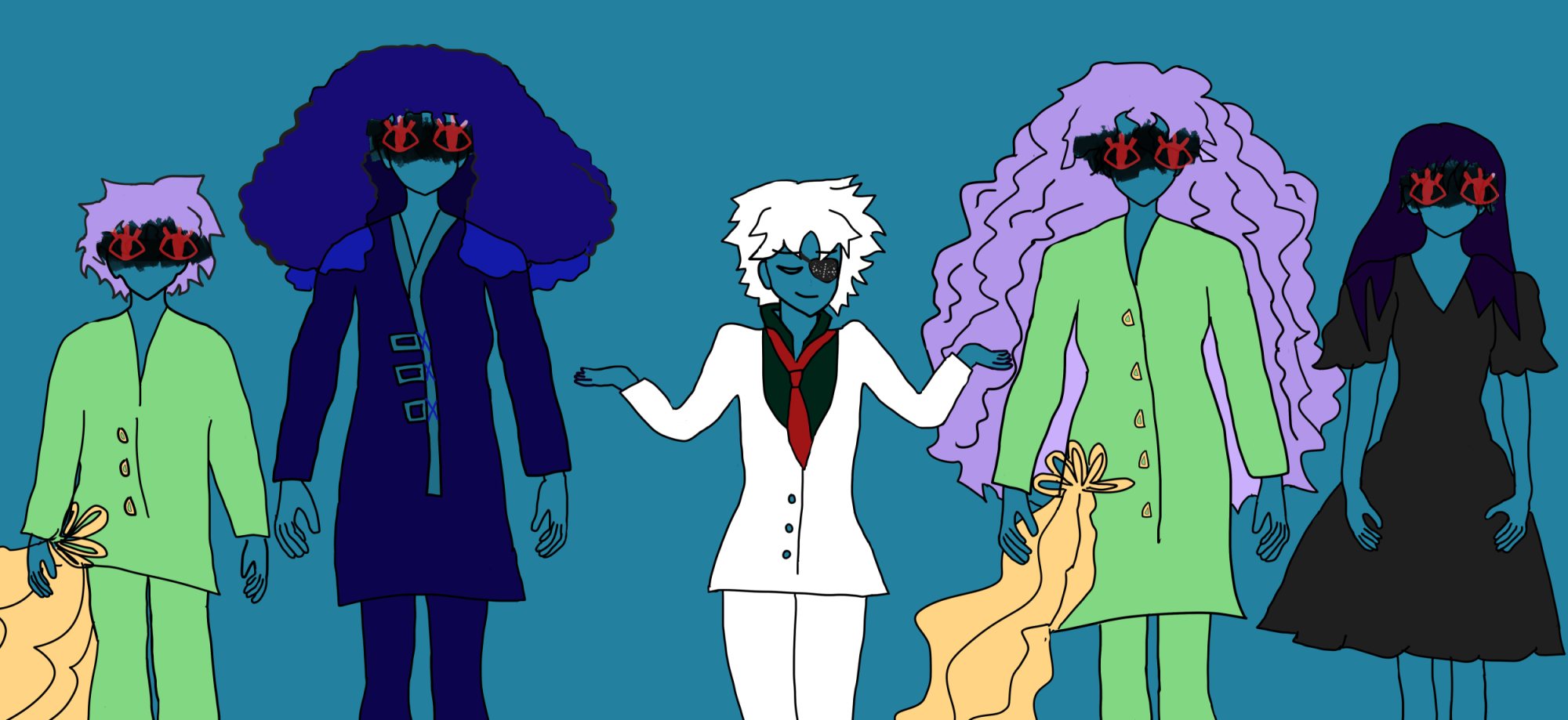 konna on the left with wavy lavender short hair wears a light green uniform with drifting golden lace to the side. alia beside her has curly dark blue hair at her sides and wears a darker blue uniform with buckles on it. layla beside her with her wavy anime-white hair is smiling with eyes closed and shrugging. she has her usual esoteric black eyepatch, and she wears a white suit with a loose red tie and green shirt. khalida next to her has wavy lavender long hair and wears a light green uniform with golden trailing lace by her. maria at the end wears a wavy sleeved black dress and has long straight black hair falling around her. every girl or nonbinary around layla has fake realistic red eyes drawn over a scratchy black censor.